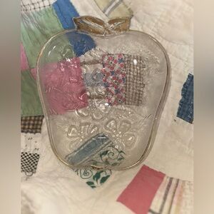 Vintage Hazel Atlas Apple Shaped Floral Print Cut Glass Trinket Dish